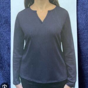 Rafaella Women’s Cotton Split V Neck Long Sleeve Top Navy Blue T-Shirt